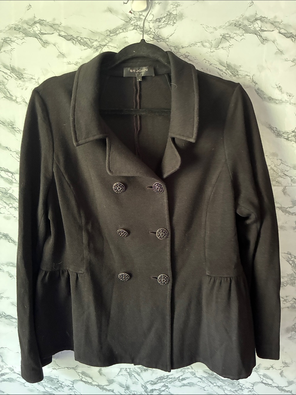 St. John 14 Black Double-Breasted Peplum Pea Coat